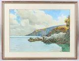 Coastal scene with cliffs and ships by C H Drummond, watercolour, offered Apr 2025