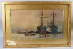 Moored ships and barges possibly on the River Thames by Charles Dixon, 1889, watercolour, sold Apr 2025