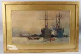 Moored ships and barges possibly on the River Thames by Charles Dixon, 1889, watercolour, sold Apr 2025