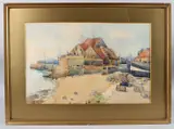Harbour scene with fishermen and lobster pots by David Martin, watercolour, offered Apr 2025