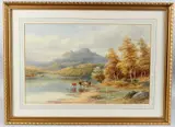 Loch Achray Perthshire' Cattle watering at the edge of a loch with mountains beyond by Harold Lawes, watercolour, offered Apr 2025
