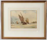 Fishing boats at the entrance to a harbour by Frederick James Aldridge, watercolour, sold Apr 2025