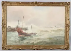 Fishing boat returning to harbour by Frederick Charles Dixey, watercolour, sold Apr 2025