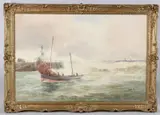 Fishing boat returning to harbour by Frederick Charles Dixey, watercolour, sold Apr 2025