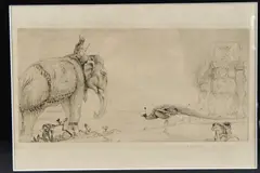 Elephant and Peacock by Edward Julius Detmold, etching, sold Apr 2025