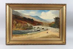 Scottish highland landscape with a figure on a stone bridge by John MacWhirter, Oil on canvas, sold Apr 2025