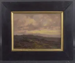 Moorland landscape at dusk by Frederick Golden Short, 1906, oil on panel, sold Mar 2025