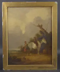 Landscape with a woman carrying a basket and a man and horse resting by William Shayer, oil on panel, sold Mar 2025