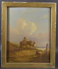 Beach view of resting figures and mules on a path with a basket of fish by William Shayer, oil on panel, sold Mar 2025