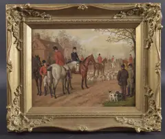 Hunting scene, riders and dogs gathering at the start by Edward Benjamin Herberte, 1889, oil on panel, sold Mar 2025