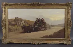 Stagecoach and team of horses ready to depart from a harbour staging post by John Maggs, oil on canvas, offered Mar 2025