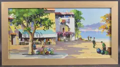 Mediterranean view with flower seller and cafe, possibly Cote d'Azur by Cecil Rochfort D'Oyly-John, oil on canvas, sold Mar 2025