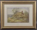 Thatched cottage with a woman on path and chickens feeding by Syvester Stannard, watercolour, offered Mar 2025