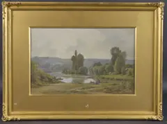 River landscape with fishing boat and figures resting on the banks by Émile Lambinet, watercolour, sold Mar 2025