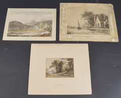 Wooded lane with figures on a waterside by John Varley, 1834, watercolour, sold Mar 2025