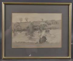 Foxhounds on the scent crossing a river by George Denholm Armour, pencil and monochrome, sold Mar 2025