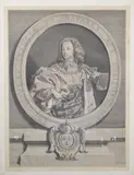AFTER HYACINTH RIGAUD Portrait of Ludovicus XV, copper engraving in carved parcel gilt frame 18.75" x 14.25" (47.5cm x 36cm) by Peter Drevet, engraving, sold Feb 2025
