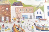 Busy beach scene, inscribed Port Isaac, Cornwall by Simeon Stafford, oil on board, sold Feb 2025