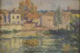 View of houses on riverbank by Aurelia Della Corte Szvatek, oil on panel, offered Feb 2025