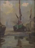 Thames barges with the Palace of Westminster beyond by Robert Lillie, oil on board, sold Feb 2025