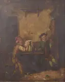 Tavern interior with two men seated at a table by M. Langlois, oil on canvas, sold Feb 2025
