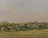 Downland landscape with poppy field and village church beyond by W K Hudson, oil on panel, sold Feb 2025