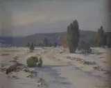 Track through a wooded winter landscape by Arnold Lyongrün, oil on canvas, sold Feb 2025