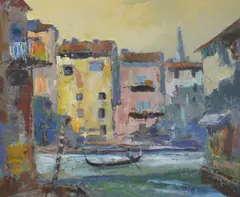 Venetian Shadows' Venice canal side by Mark Randall, Oil on board, Llewellyn Alexander gallery label verso, sold Feb 2025
