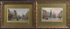 Parisian views, La Porte Saint-Denis and La Place de la Republique, pair of oils on boards by Joaquim de Miró y Argenter, oil, sold Feb 2025