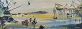 South East Asian coastal scene with huts and canoes by George Deakins, oil on board, offered Feb 2025