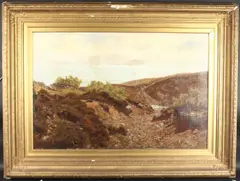 Sheep on a rocky coastal path with a sea view beyond by Herbert Moxon Cook, oil on canvas, sold Feb 2025