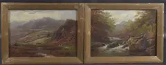 Mountain views with grazing sheep and rocky stream pair of oils on by William Mellor, oil, sold Feb 2025