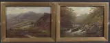 Mountain views with grazing sheep and rocky stream pair of oils on by William Mellor, oil, sold Feb 2025