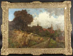 Landscape with a town, two church towers, buildings and tress, canvas on board, 26" x 36" (66cm x 92cm) in a superb gilt frame by Karl Heffner, oil, sold Feb 2025
