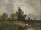 Riverbank scene with ferryman and figures on a path by Camille Roqueplan, oil on canvas, sold Feb 2025