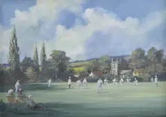 The Cornish Match' village cricket match at Luxulyan, Cornwall by Alan King, oil on panel, sold Feb 2025