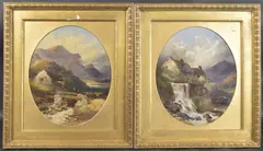 Mountain views with water mill and cottages, pair of oils on canvas, oval mounts, inscribed verso, 11.5" x 9.5" (29cm x 24cm) by Joseph Horlor, oil, sold Feb 2025