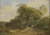 Cattle and farmer resting on a woodland path by George Shalders, oil on board, offered Feb 2025