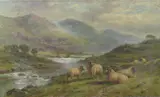 Grazing sheep on a riverbank, mountains beyond by William Langley, oil on canvas, sold Feb 2025