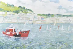 Dartmouth, view of the town with fishing and sailing boats by Simeon Stafford, oil on board, sold Feb 2025