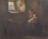 Interior scene of a young woman feeding a child by a window by Henry John Dobson, oil on canvas, sold Feb 2025