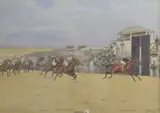 The finishing posts at The Oaks 1903, the Oaks 1913 and the St Leger 1914, set of three watercolours of horse racing by Isaac Cullin, watercolor, offered Feb 2025