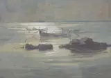 Boats moored in a moonlit sea with headland beyond by Robert Lillie, watercolour, sold Feb 2025