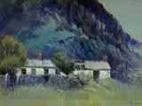 Cottages Drws y Coed by Keith Shone, pastel, sold May 2023