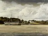 HMS Conway moored on the Menai Straits by Plas Newydd by Ieuan Lewis, 1974, pencil, offered May 2023