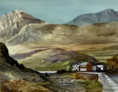 watercolour - lakeside houses with extensive mountains beyond, by Alan Kirkpatrick, watercolour, sold Apr 2023
