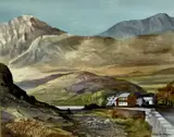 watercolour - lakeside houses with extensive mountains beyond, by Alan Kirkpatrick, watercolour, sold Apr 2023