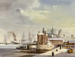 (British born 1929), watercolour - Liverpool Docks, signed lower left, mounted but by Alan Kirkpatrick, watercolour, sold Apr 2023