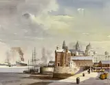 (British born 1929), watercolour - Liverpool Docks, signed lower left, mounted but by Alan Kirkpatrick, watercolour, sold Apr 2023