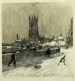 Manchester Cathedral in winter by Harold Riley limited edition print, print, sold Apr 2023